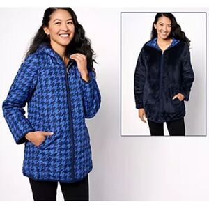 Susan Graver XL Reversible Quilted Fleece Hooded Jacket Blue Houndstooth NWOT
